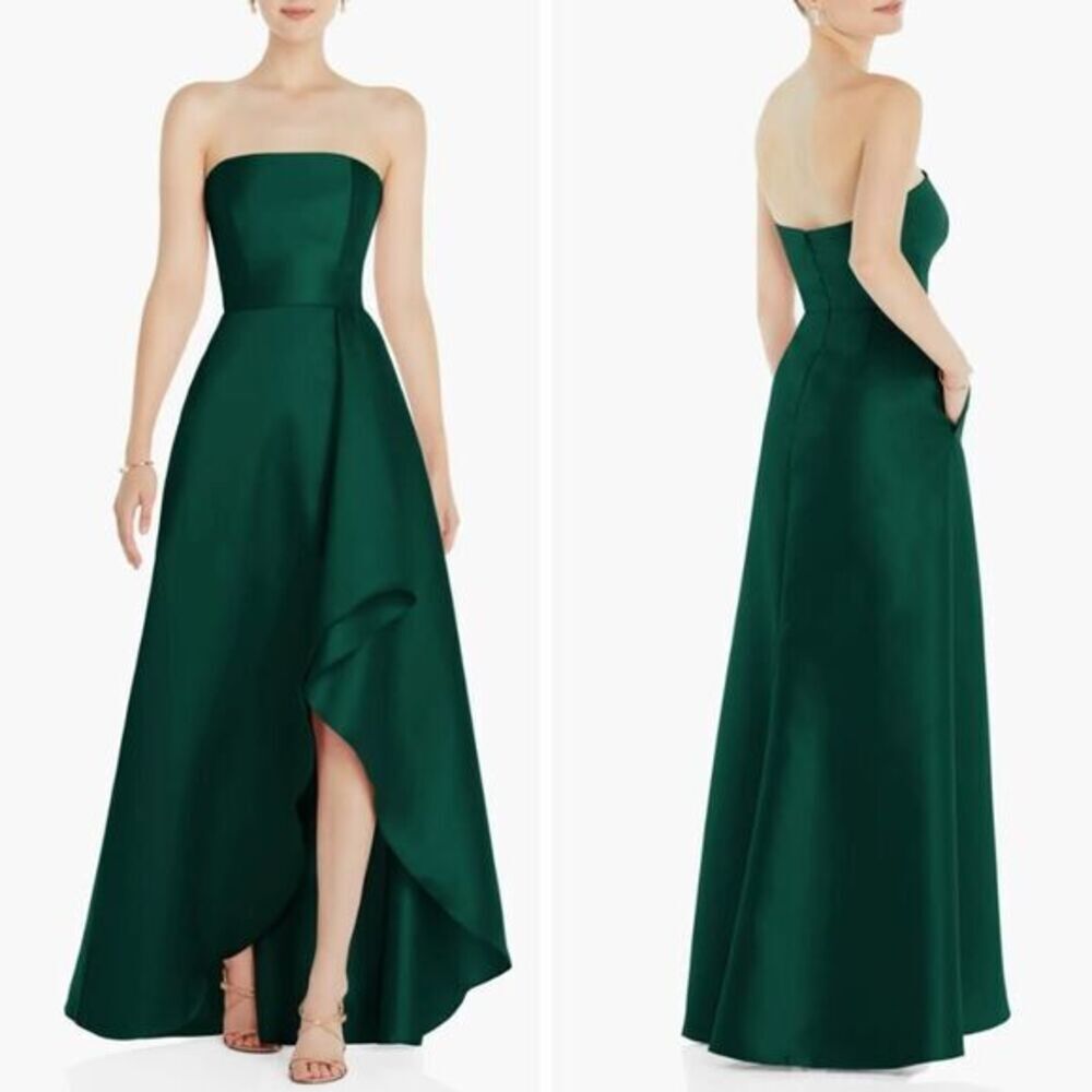 New! Alfred Sung Strapless Satin Gown in Hunter‎ Green, size 14R
